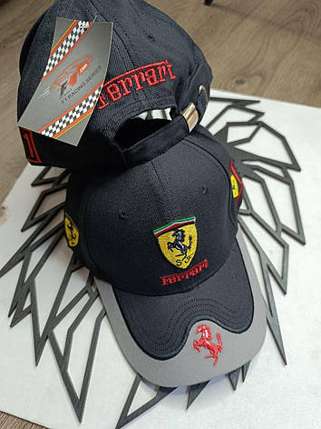 Кепка Бейсболка Чоловіча Жіноча City-A з логотипом Авто Ferrari Феррарі чорно-сіра, фото 1