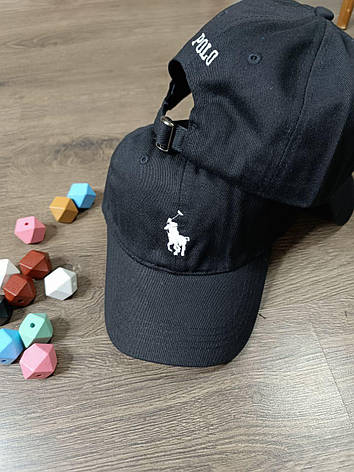 Кепка Бейсболка Чоловіча Жіноча Polo Ralph Lauren з тканинним ремінцем чорна з білим лого, фото 1