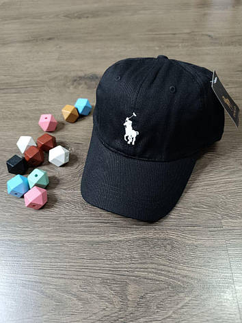 Кепка Бейсболка Чоловіча Жіноча Polo Ralph Lauren з тканинним ремінцем чорна з білим лого, фото 3