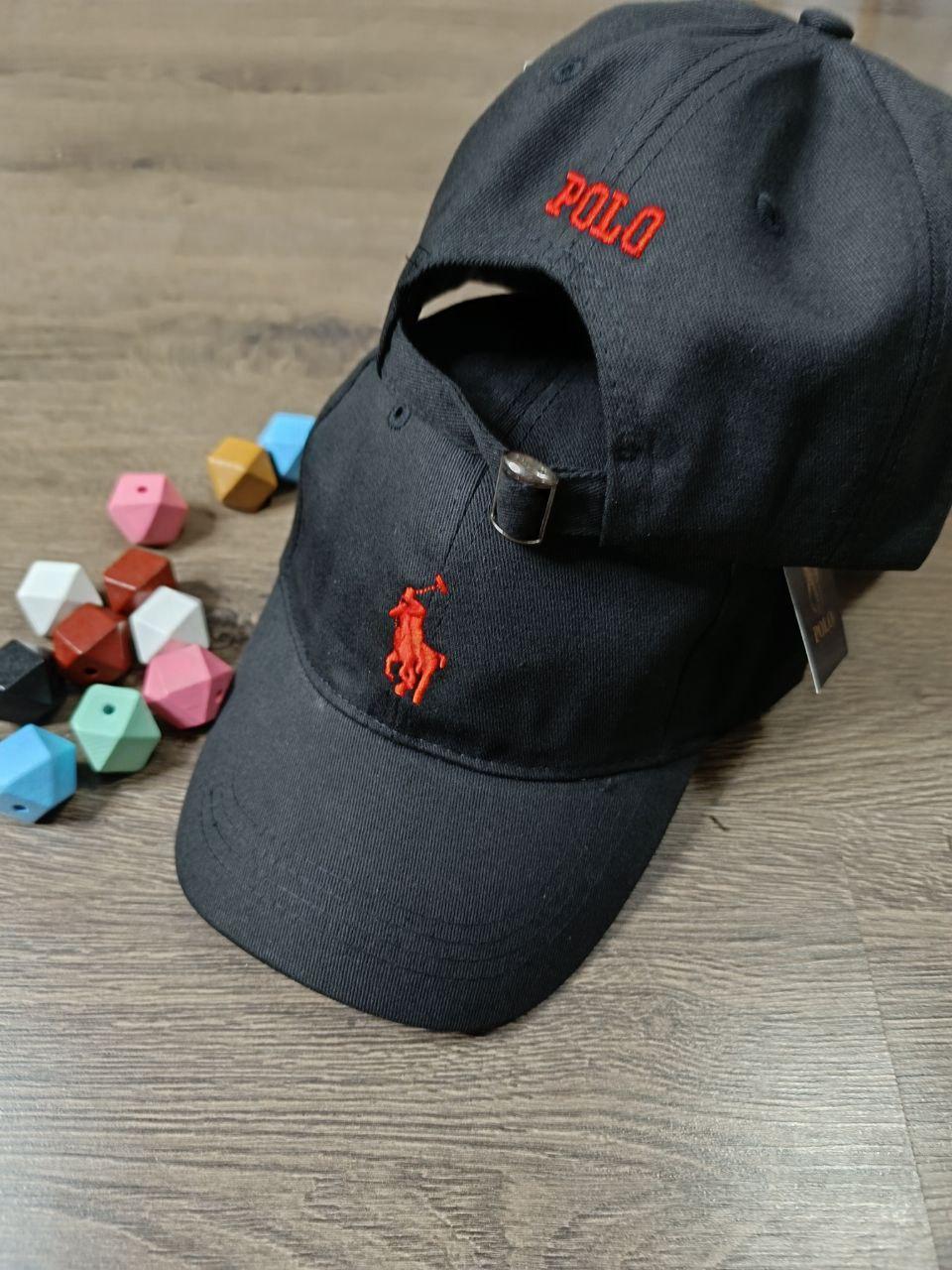 Кепка Бейсболка Чоловіча Жіноча Polo Ralph Lauren з тканинним ремінцем чорна з червоним лого