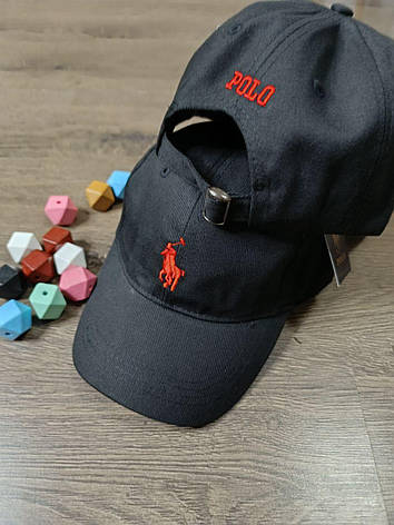 Кепка Бейсболка Чоловіча Жіноча Polo Ralph Lauren з тканинним ремінцем чорна з червоним лого, фото 1