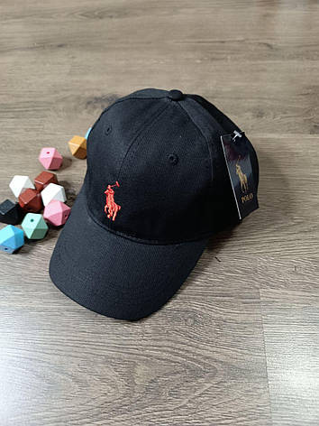 Кепка Бейсболка Чоловіча Жіноча Polo Ralph Lauren з тканинним ремінцем чорна з червоним лого, фото 3
