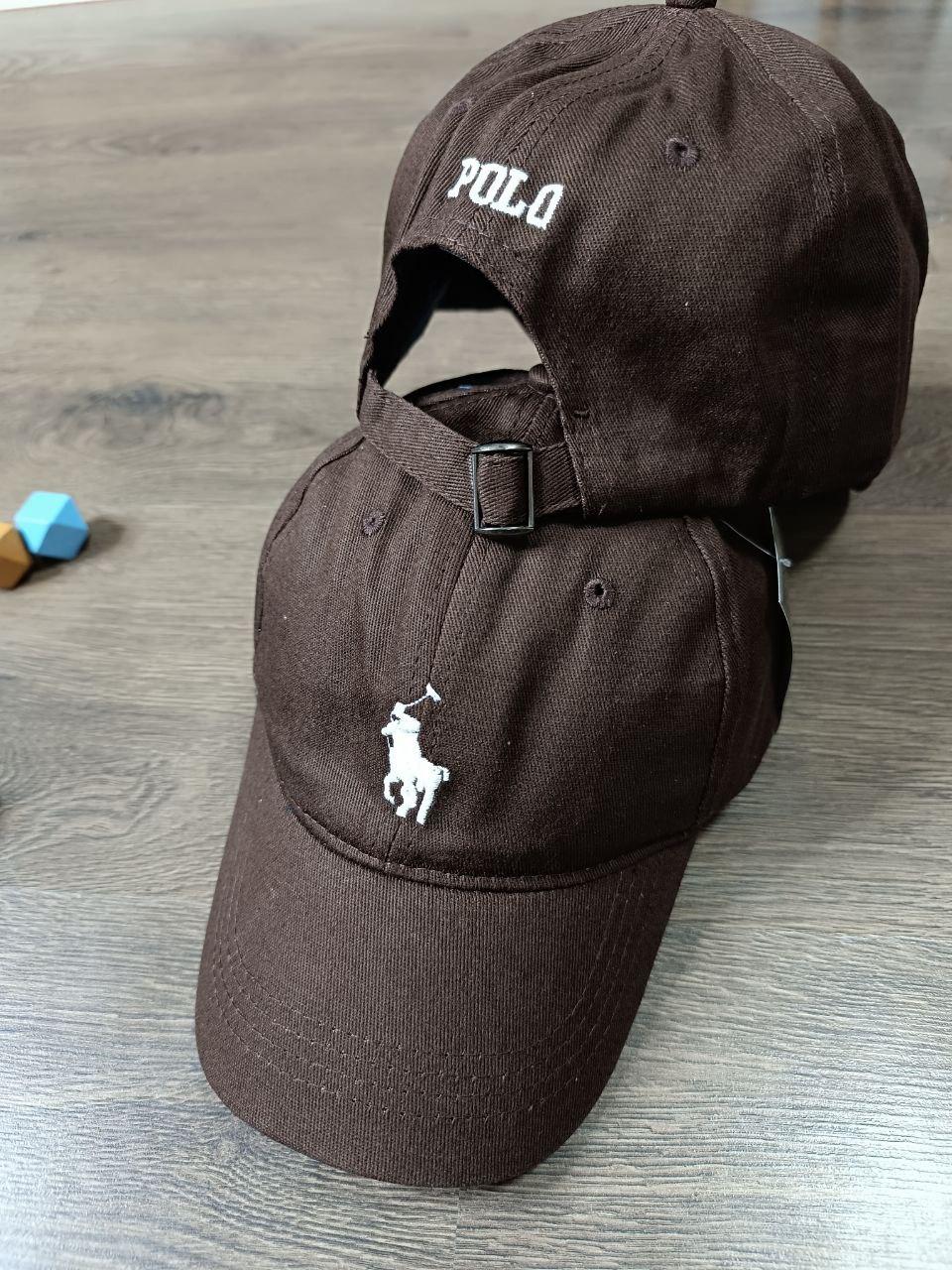 Кепка Бейсболка Чоловіча Жіноча Polo Ralph Lauren з тканинним ремінцем коричнева з білим лого