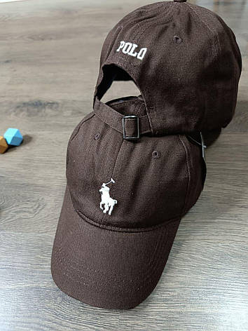 Кепка Бейсболка Чоловіча Жіноча Polo Ralph Lauren з тканинним ремінцем коричнева з білим лого, фото 1
