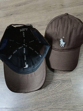 Кепка Бейсболка Чоловіча Жіноча Polo Ralph Lauren з тканинним ремінцем коричнева з білим лого, фото 3