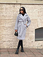 Женское теплое пальто с поясом из меховой ткани барашек размеры 42-50 Серый, 42/44