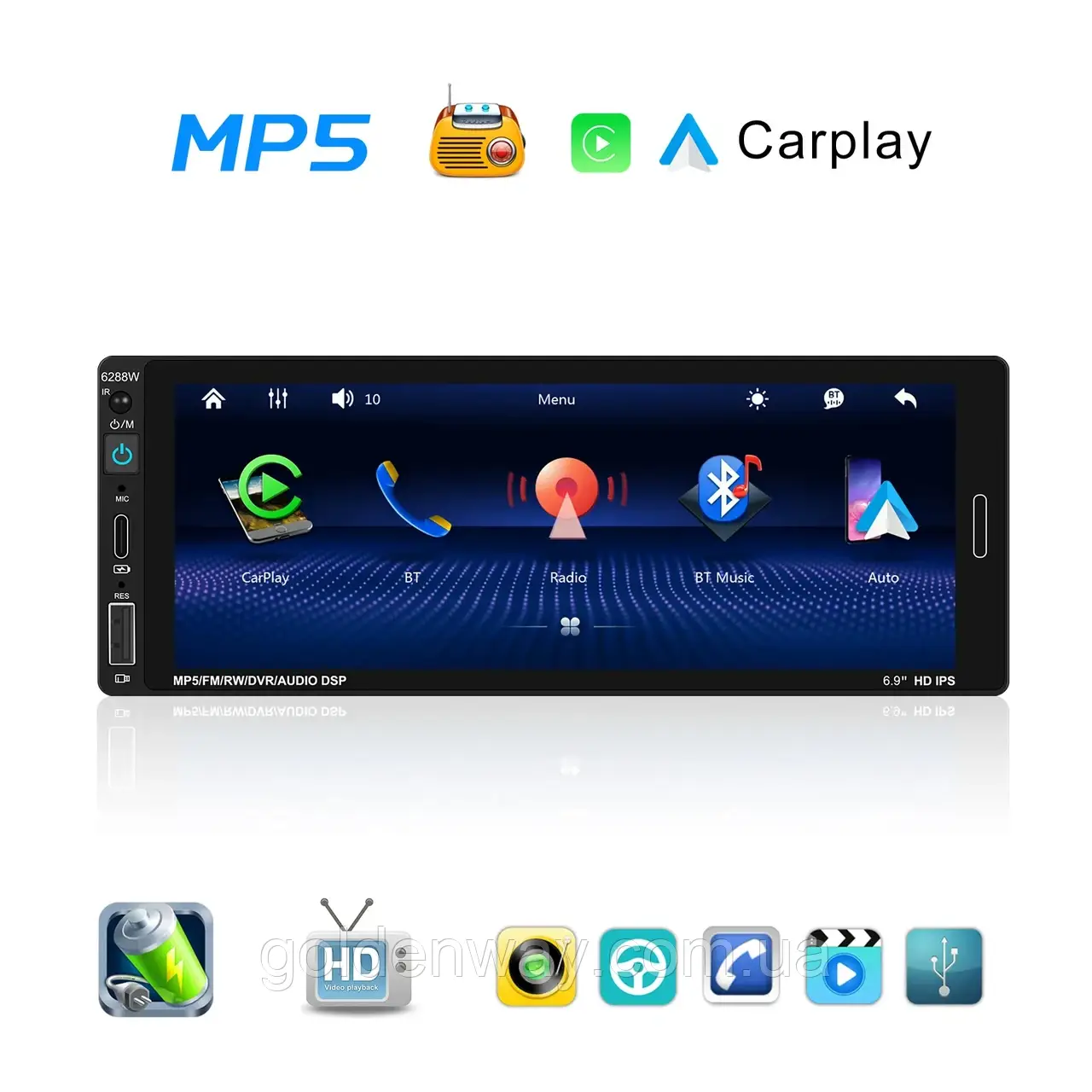 Автомагнітола 1 DIN MP5 Podofo 6288C F133 Window CE CarPlay AndroidAuto Bluetooth екран 7" + вхід для камери