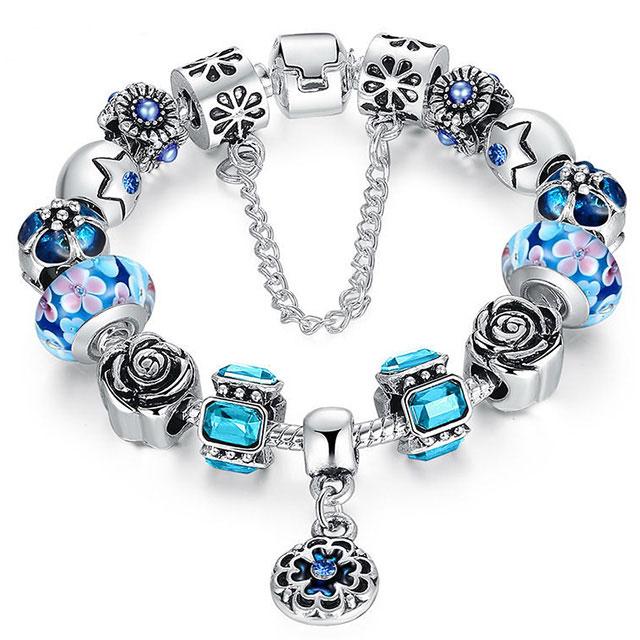 Браслет в стилі Пандора - Квітка (Сріблястий з блакитним)