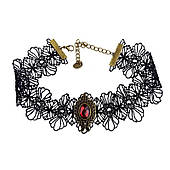 Кружевной ажурный чокер с красным камнем "Каролина" - черный Aushal Jewellery