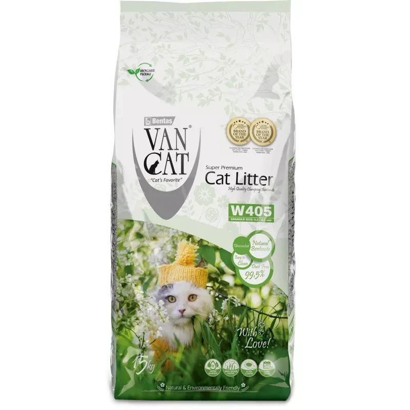 Бентонітовий наповнювач для котів Van Cat Великий 0.6-4 мм, що комкується Класик Натурал без запаху 15кг (223), фото 1