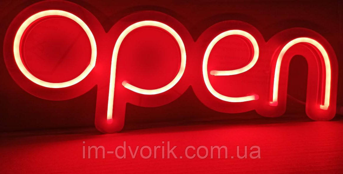 Неонова Led вивіска OPEN (відчинено) червона 40х13 см з контролером та блоком живлення