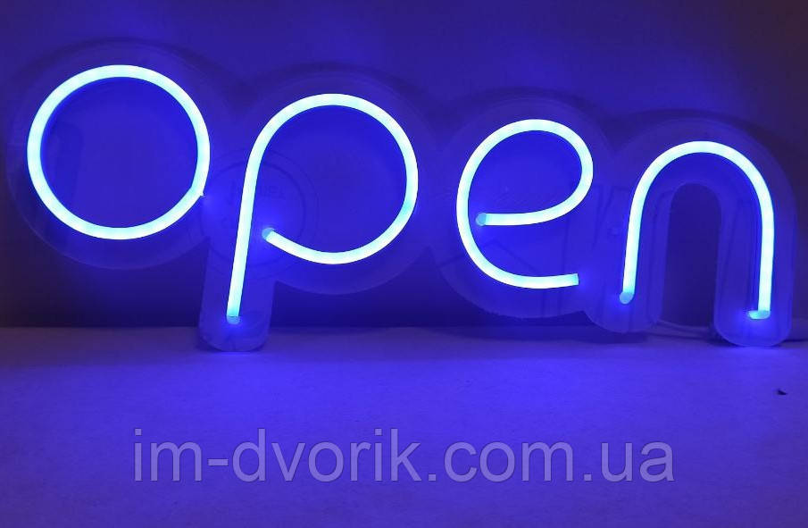Неонова Led вивіска OPEN (відкрито) Синя 40х13 см з димером