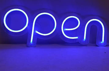 Неонова Led вивіска OPEN (відкрито) Синя 40х13 см з димером