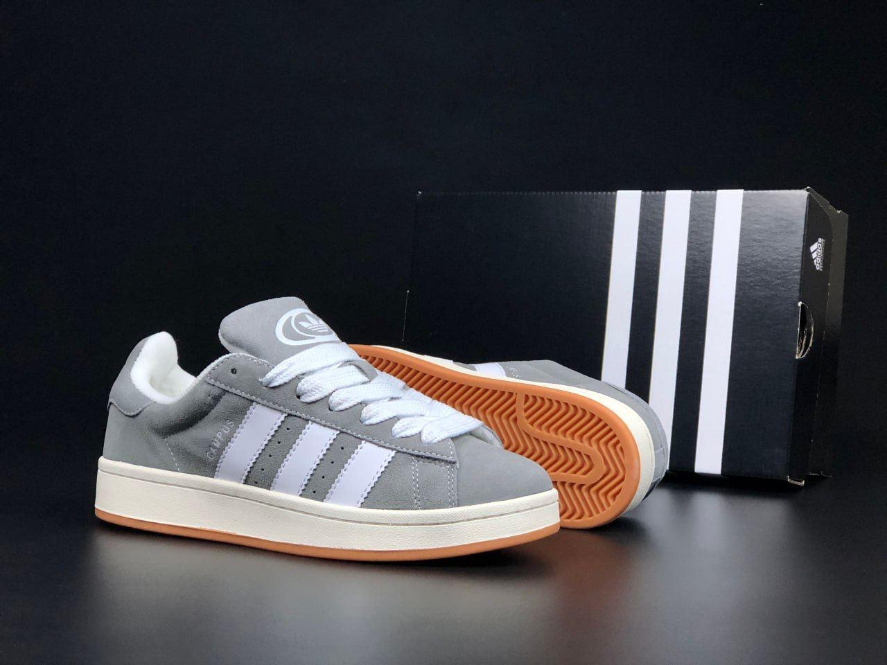 Кросівки зимові Adidas Campus чоловічі світло-сірі на хутрі замшеві адідас кампус теплі кеди, фото 1