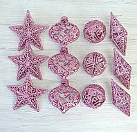 Новогоднее украшение шар резной набор розовый 12шт