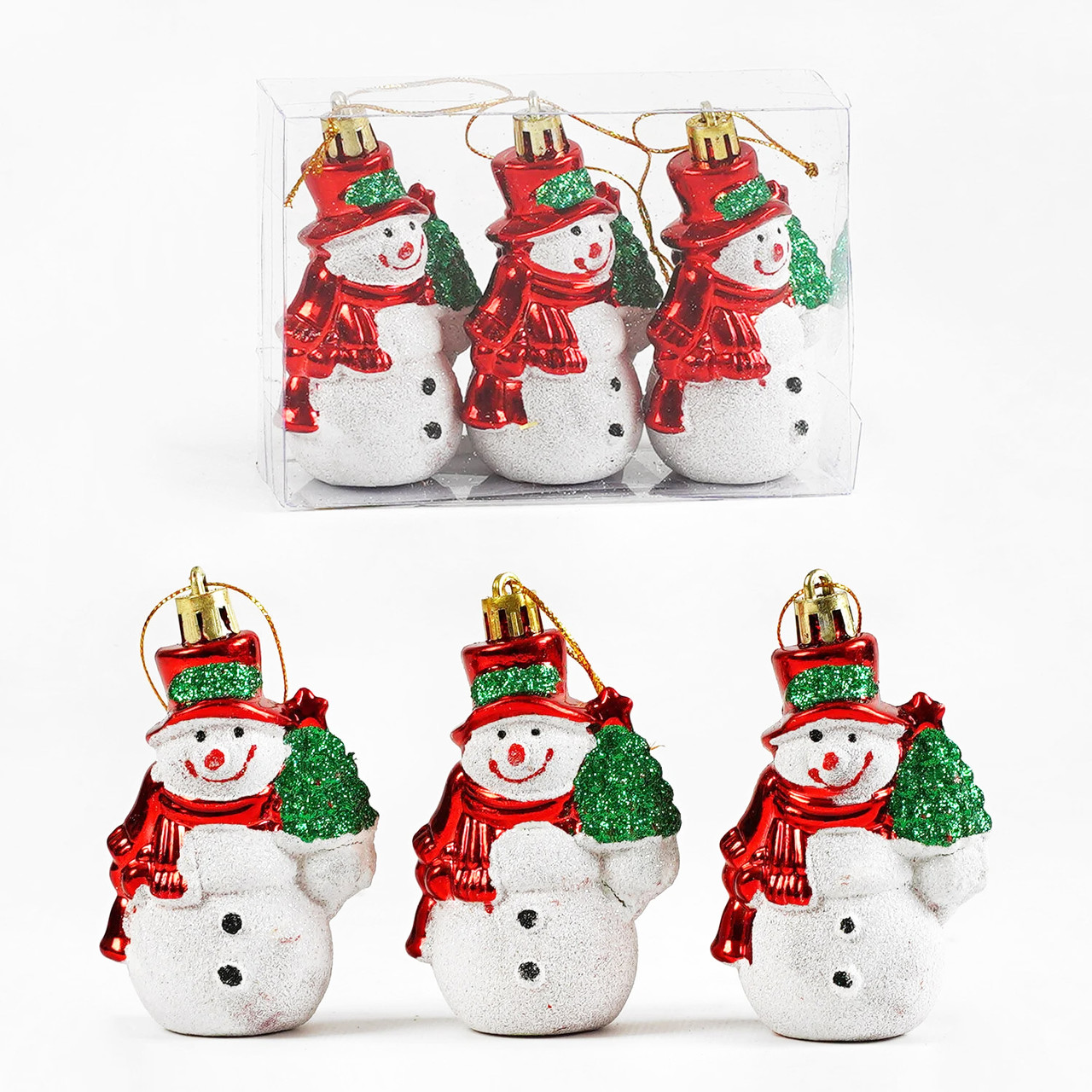 Новорічні іграшки на ялинку сніговик 3 шт., висота 9 см, фото 1