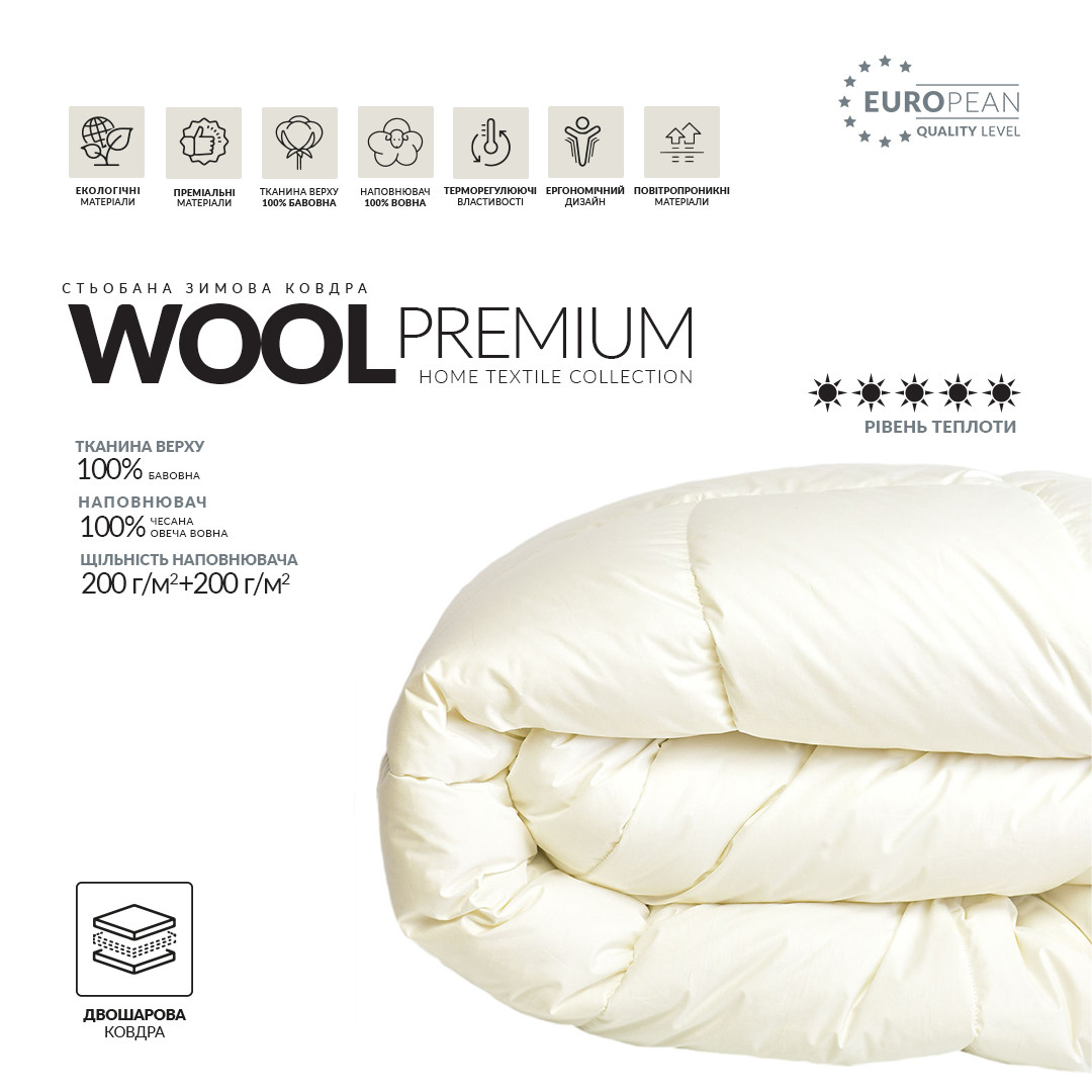 Ковдра вовняна двошарова 140х210см Wool Premium тм Ідея