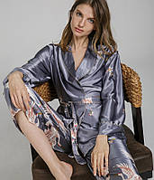Пижамный костюм шелковый на запах. Пижама женская атласная для дома, сна, размер M (серый)