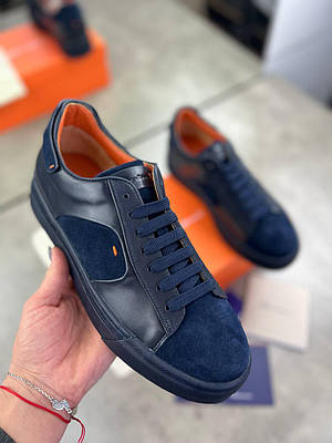 Кросівки Santoni Blue з натуральної шкіри / Чоловічі кросівки Сантоні сині шкіряні