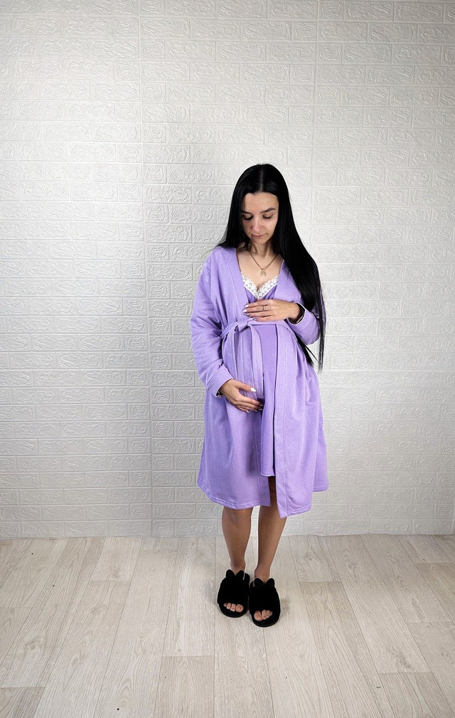 Комплект жіночий теплий для вагітних і мам, що годують, халат на запах з нічним мереживо р.44-50