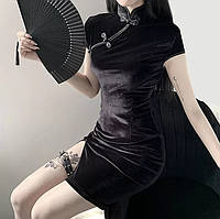 Бархатное платье в китайском стиле мини платье облегающее ципао чонсам, бархат черный М