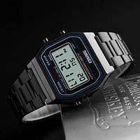 Чорний наручний годинник чоловічий електронний підсвічування будильник секундомір Skmei квадратний сталевий годинник на руку