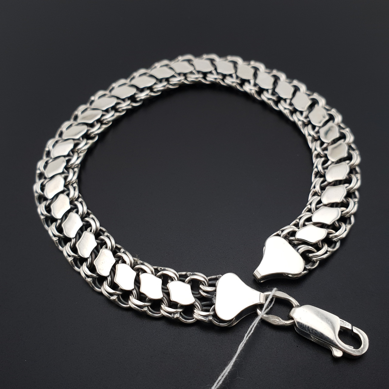 Двосторонній чоловічий срібний браслет з накладками (ширина 9 мм). Довжина 23,5 см, фото 1