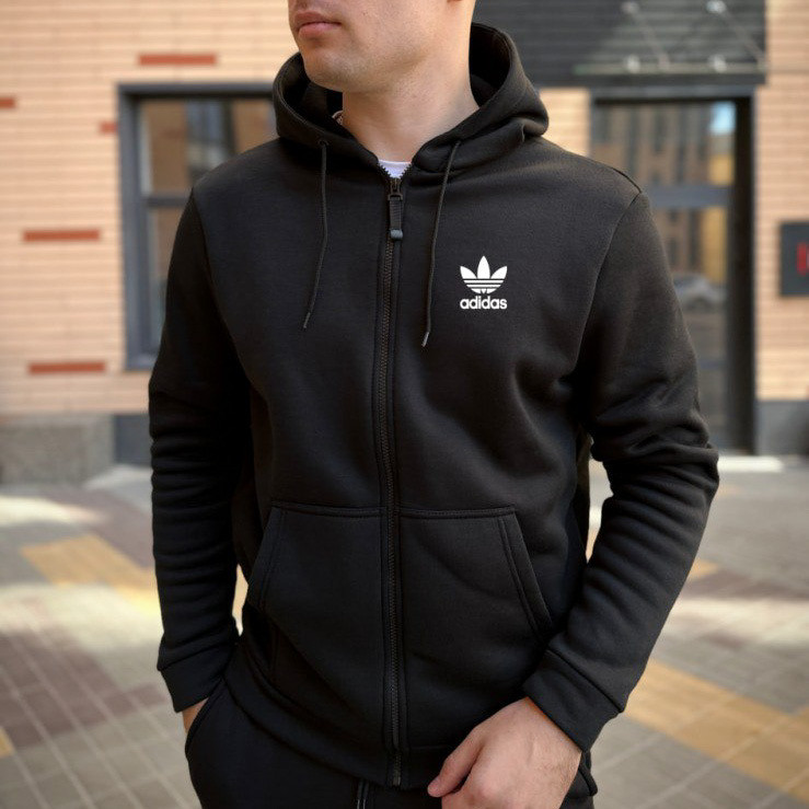 Чоловіча спортивна кофта Adidas чорна на флісі худі Адідас толстовка на блискавці