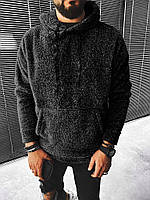Мужское плюшевое худи (черное) теплая пушистая кофта с капюшоном и карманом кенгуру sx31