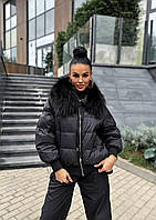 Жіноча зимова стьобана куртка пуховик з хутряним коміром розмір універсальний S-M