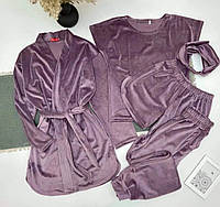 Мягкая женская велюровая пижама домашняя 5 в 1, халат брюки шорты футболка, повязка на голову S M L