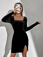 Женское черное классическое,деловое,новогоднее приталенное короткое бархатное мини платье,с длинным рукавом
