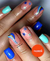 Короткие накладные ногти с ярким дизайном синие + клей