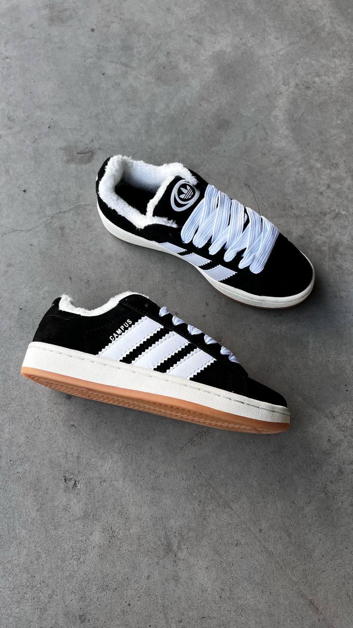 Кросівки зимові Adidas Campus жіночі чорні з хутром замшеві адідас кампус теплі кеди