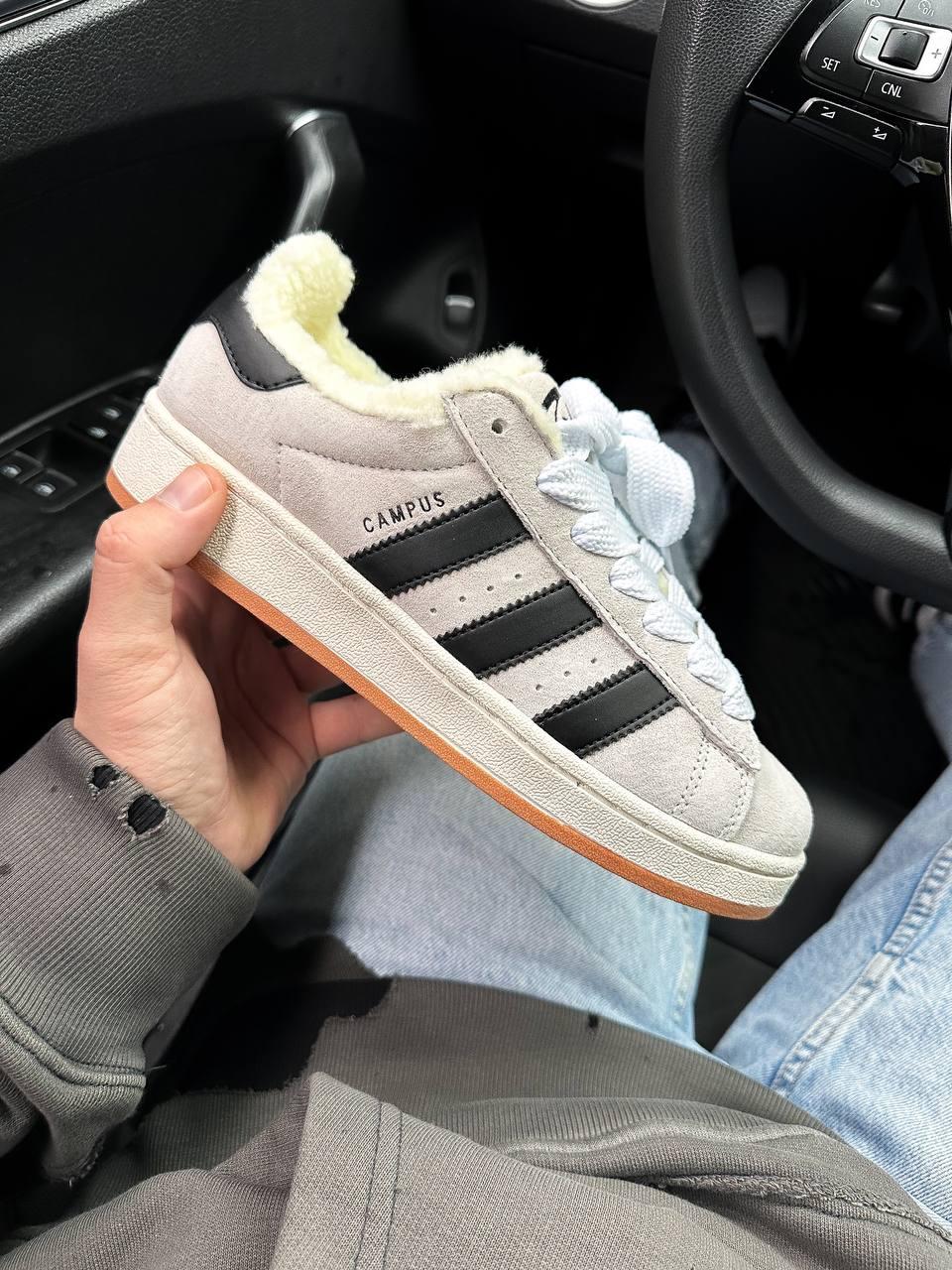 Кросівки зимові Adidas Campus Beige Black жіночі бежеві з хутром замшеві адідас кампус теплі кеди, фото 1