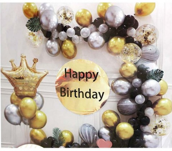 Декор святковий до дня народження T-8910 Баннер із кульками КОРОНА-СЕРЕБРО ЗОЛОТОМ ЧЕРН