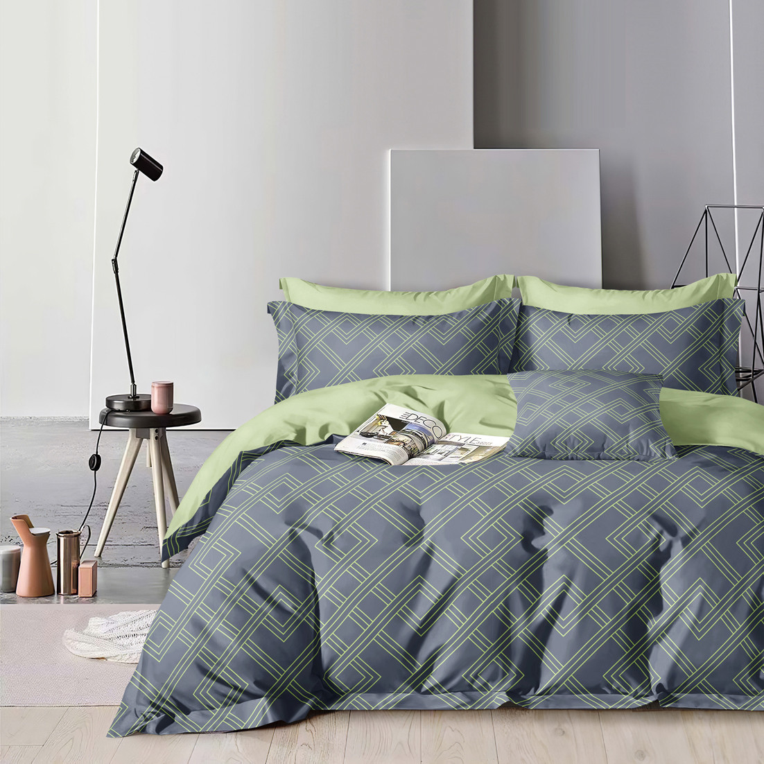 Наволочка на блискавці 70х70 (Сатин) | Від виробника "Королева Ночі" | Абстракція, ромби на сірому та салатовому, фото 1