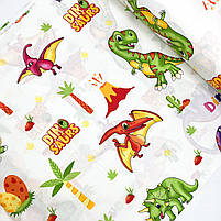 Турецька бавовняна тканина ранфорс "Динозаври жовті, зелені, фіолетові на білому" 240 см, фото 6