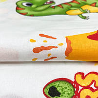 Турецька бавовняна тканина ранфорс "Динозаври жовті, зелені, фіолетові на білому" 240 см, фото 2