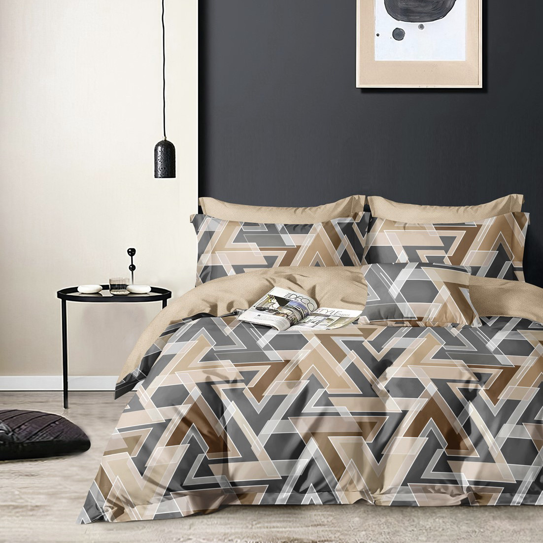Постільна білизна Королева Ночі (Сатин) | Двоспальний комплект | 50х70 | Геометричний візерунок на бежевому, фото 1