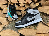 Зимние кроссовки Nike Air Jordan на меху женские пресс кожа подошва резина черные с серым, Найк 37 размер