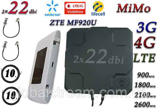 Повний комплект для 4G/LTE/3G c ZTE MF920u + Антена планшетна MIMO 2×22dbi ( 44 дб) 698-2690 МГц