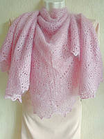 Платок пуховый, ажурный розовый 105 х 105 см. Оренбургский ручной работы
