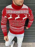 Новорічний чоловічий червоний светр для святкових фотосесій, теплий різдвяний светр з оленями