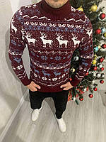 Новорічний чоловічий бордовий светр для святкових фотосесій, теплий різдвяний светр з оленями