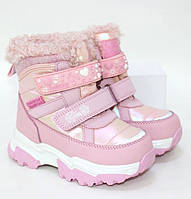 Детские зимние ботинки для девочки на двух липучках и молнии розовые