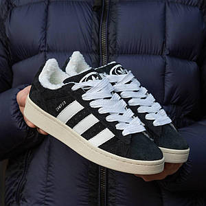 Зимові Жіночі Кросівки Adidas Campus Black White (Хутро) 37-38-39-40-41