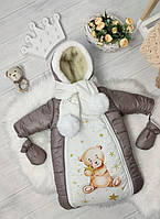 Зимний детский теплый комбинезон для новорожденного на овчине с шарфом 0-6 мес подойдет для выписки