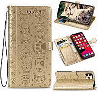 Чехол Embossed Cat and Dog для Iphone 11 Pro Max книжка с визитницей кожа PU золотистый