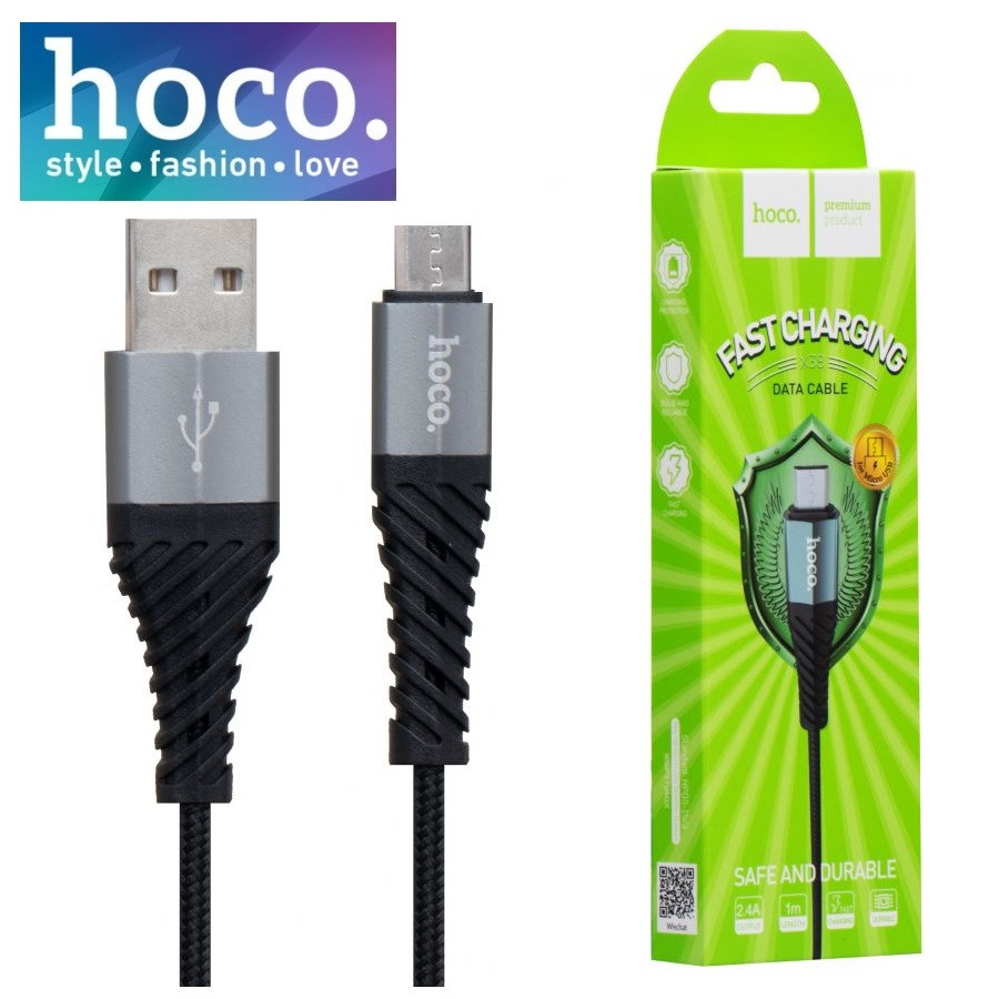 USB-кабель Hoco X38 Cool Charging Micro USB 2.4 A 1 м нейлонова обплетення, чорний, фото 1